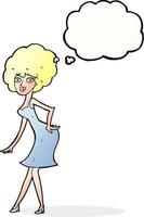 dessin animé femme posant en robe avec bulle de pensée vecteur