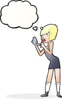 dessin animé femme appliquant du rouge à lèvres avec bulle de pensée vecteur
