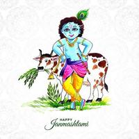 carte de voeux joyeux janmashtami avec krishna et vache vecteur