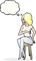 dessin animé femme assise sur un tabouret de bar avec bulle de pensée vecteur