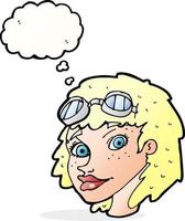 dessin animé femme heureuse portant des lunettes d'aviateur avec bulle de pensée vecteur