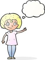 dessin animé femme heureuse pointant avec bulle de pensée vecteur