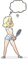 dessin animé femme jouant au tennis avec bulle de pensée vecteur