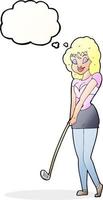 dessin animé femme jouant au golf avec bulle de pensée vecteur