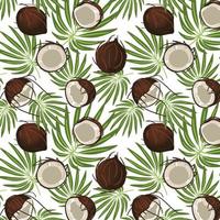 un motif d'un dessin animé de noix de coco serti de feuilles. illustration vectorielle d'une noix de coco avec des feuilles. motif vectoriel, arrière-plan, motif de noix de coco sans soudure à utiliser dans les textiles, emballage cadeau. vecteur