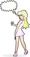 dessin animé femme posant en robe avec bulle de dialogue vecteur