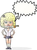 femme de bande dessinée avec un couteau entre les dents avec bulle de dialogue vecteur