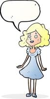 dessin animé femme heureuse en robe avec bulle de dialogue vecteur