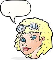 dessin animé femme heureuse portant des lunettes d'aviateur avec bulle de dialogue vecteur