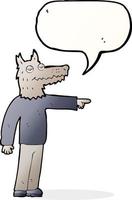 dessin animé loup homme pointant avec bulle de dialogue vecteur