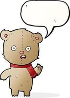 dessin animé agitant ours en peluche avec écharpe avec bulle de dialogue vecteur