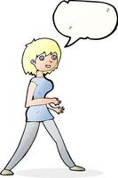 dessin animé femme marchant avec bulle de dialogue vecteur