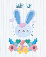 mignon lapin garçon avec modèle de carte de fleurs vecteur
