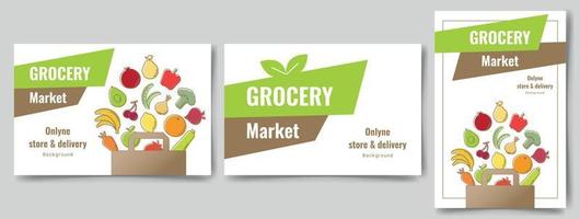 ensemble de dépliants avec conception de concept d'épicerie biologique pour magasin, marché en ligne, livraison à domicile, aliments frais, commande, concept de vente vecteur