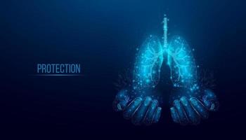 deux mains humaines tiennent des poumons humains. soutenir le concept de poumons sains. conception filaire low poly rougeoyante sur fond bleu foncé. illustration vectorielle futuriste abstraite. vecteur