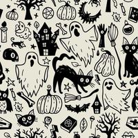 modèle sans couture monochrome d'éléments de doodle dessinés à la main d'halloween d'horreur. vecteur