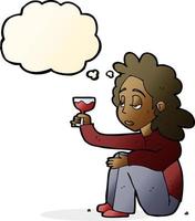 femme malheureuse de dessin animé avec un verre de vin avec bulle de pensée vecteur