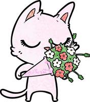 chat de dessin animé calme avec des fleurs vecteur