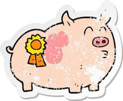 autocollant rétro en détresse d'un cochon gagnant d'un prix de dessin animé vecteur