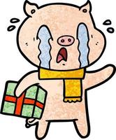dessin animé de cochon qui pleure offrant un cadeau de noël vecteur