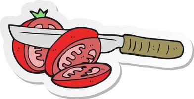 autocollant d'un couteau de dessin animé coupant une tomate vecteur