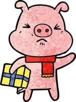 dessin animé cochon en colère avec cadeau de Noël vecteur