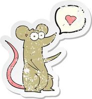 autocollant rétro en détresse d'une souris de dessin animé amoureuse vecteur