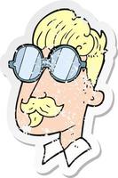 autocollant rétro en détresse d'un homme de dessin animé avec moustache et lunettes vecteur