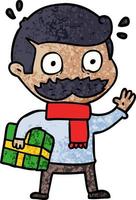 homme de dessin animé avec moustache et cadeau de Noël vecteur