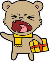 personnage de dessin animé d'ours avec cadeau vecteur