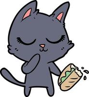 chat de dessin animé calme envisageant de partager une baguette vecteur