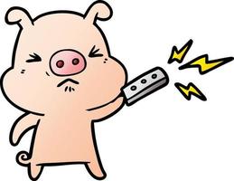 dessin animé cochon grincheux avec télécommande vecteur