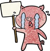 caricature de cochon qui pleure avec signe de protestation vecteur