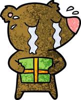 dessin animé ours qui pleure avec cadeau vecteur