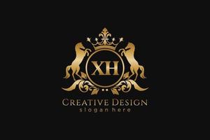 crête dorée initiale xh rétro avec cercle et deux chevaux, modèle de badge avec volutes et couronne royale - parfait pour les projets de marque de luxe vecteur