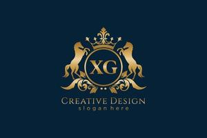 crête dorée initiale xg rétro avec cercle et deux chevaux, modèle de badge avec volutes et couronne royale - parfait pour les projets de marque de luxe vecteur