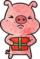 dessin animé cochon en colère avec cadeau de Noël vecteur