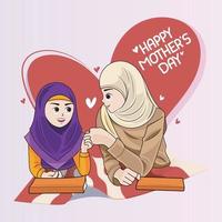 Bonne fête des mères. mère en hijab apprend à sa fille à étudier l'illustration vectorielle téléchargement pro vecteur