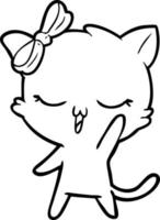 chat de dessin animé avec un arc sur la tête en agitant vecteur