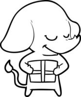 dessin animé souriant éléphant avec cadeau vecteur