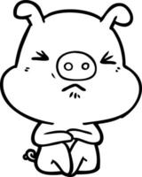 dessin animé cochon en colère assis en attente vecteur
