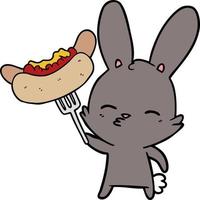 dessin animé lapin curieux avec hot-dog vecteur