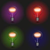 ampoule réaliste sur fond coloré. fond rouge, violet, vert et bleu. lampe à incandescence de vecteur avec une lumière vive. lueur des lampes électriques à incandescence. illustration vectorielle.