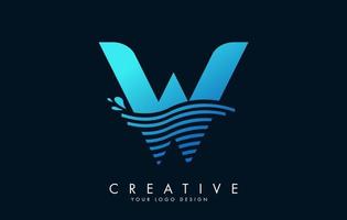 logo de lettre w bleu avec un design de vagues et de gouttes d'eau. vecteur
