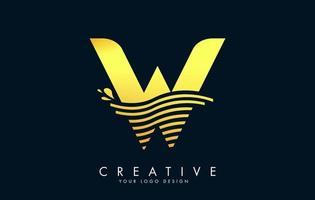 logo de lettre w doré avec un design de vagues et de gouttes d'eau. vecteur