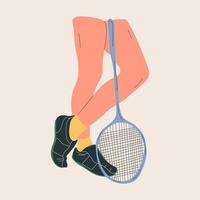 jambes avec raquette de badminton sur fond blanc. équipements pour le sport de jeu de badminton. illustration vectorielle vecteur