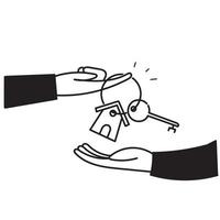 mains de doodle dessinés à la main donnant des clés vecteur d'illustration de concept immobilier