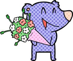 caricature d'ours qui rit avec des fleurs vecteur