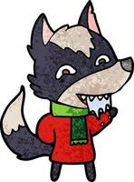 dessin animé loup affamé en vêtements d'hiver vecteur