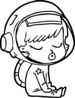 dessin animé jolie fille astronaute assise en attente vecteur